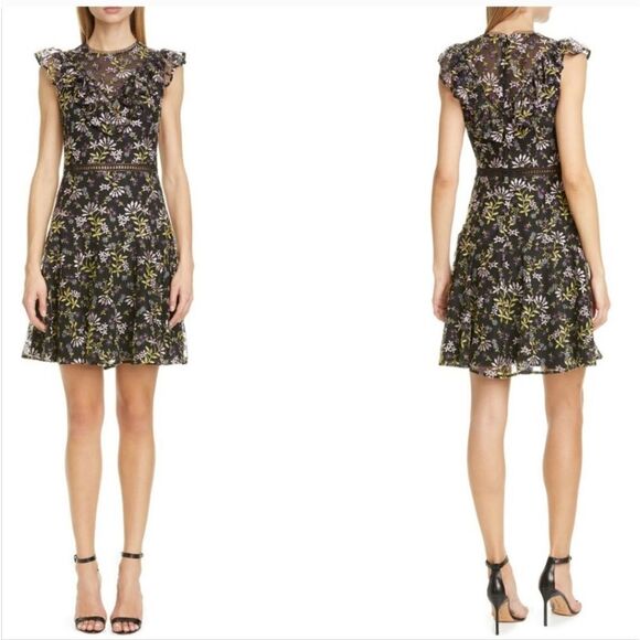 Monique Lhullier Flutter Sleeve Floral Embroidered Cocktail Dress Size 4 Black - Picture 1 of 10